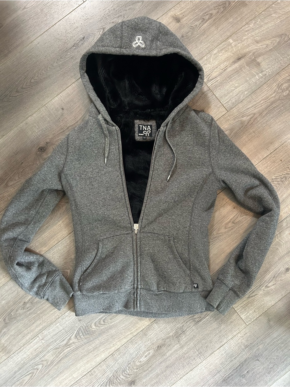 TNA Women's Gray Zip Hoodie with Black Faux Fur Lining